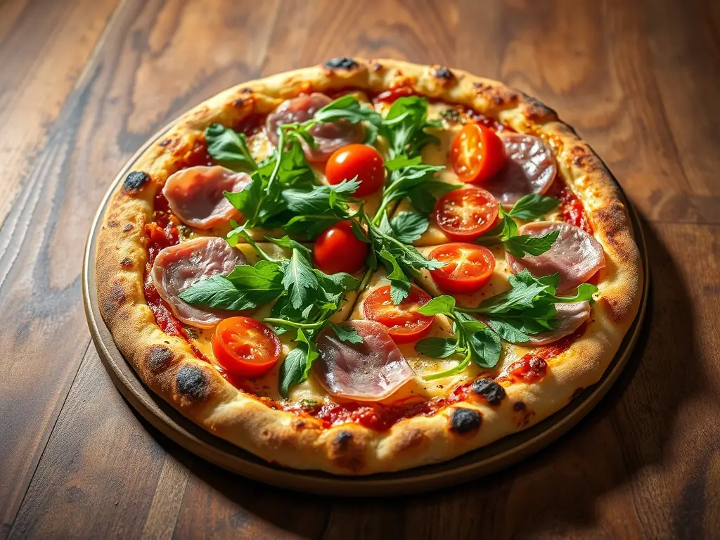 A vibrant image of a Capricciosa pizza with artichoke hearts, mushrooms, ham, and olives, highlighting the variety of toppings and rich flavors.