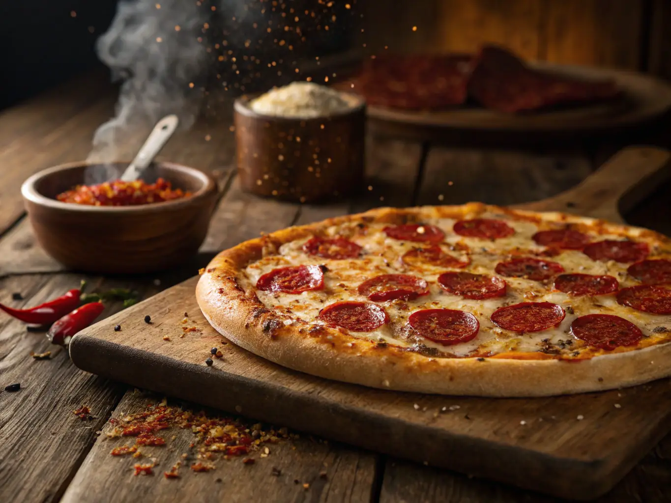 A visually appealing image of a Diavola pizza with spicy salami, chili flakes, and a fiery red sauce, emphasizing the bold and spicy flavors.