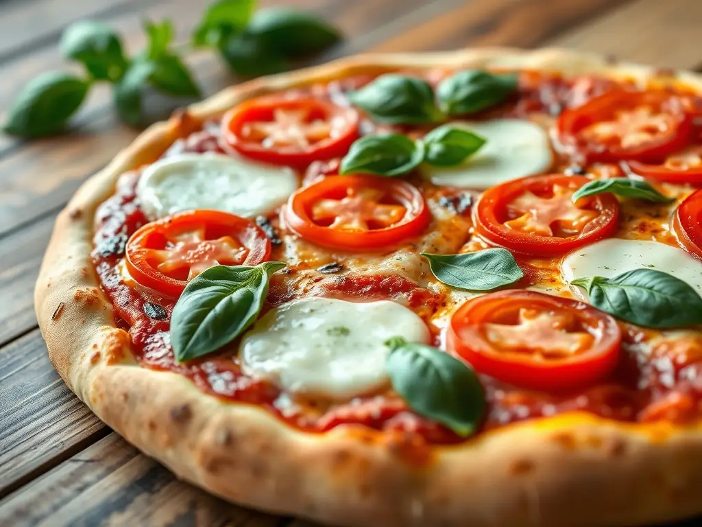 A close-up shot of a Margherita pizza with fresh basil leaves, ripe tomatoes, and melted mozzarella cheese, showcasing the simplicity and freshness of the ingredients.